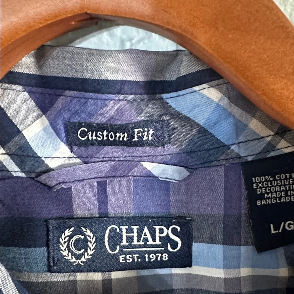 Chaps Men's Oxford Plaid Blue Purple Button down long sleeve Shirt 100% Cotton L